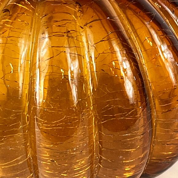 Mouth Blown Amber Art Glass Pumpkin Orange Crackle Curly Stem Handmade Handblown - Picture 11 of 12